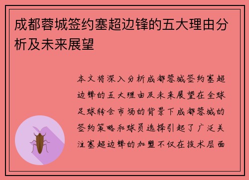 成都蓉城签约塞超边锋的五大理由分析及未来展望