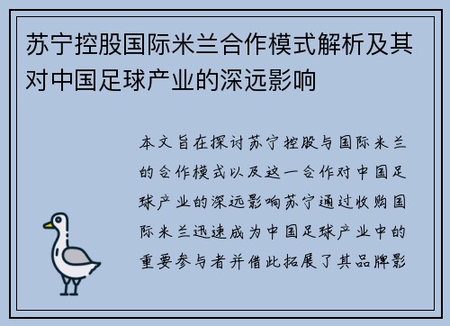 苏宁控股国际米兰合作模式解析及其对中国足球产业的深远影响