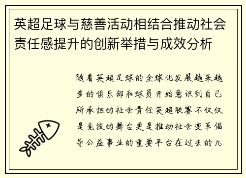 英超足球与慈善活动相结合推动社会责任感提升的创新举措与成效分析